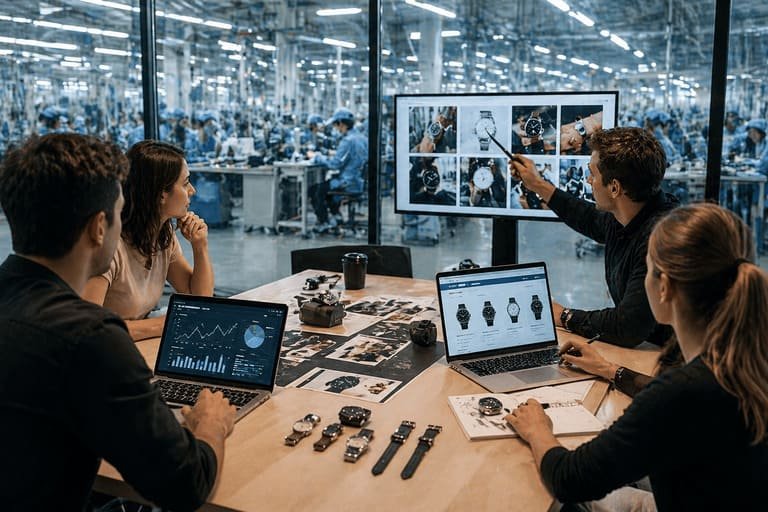 An illustration of a businessperson focusing on marketing while factory gears turn in the background